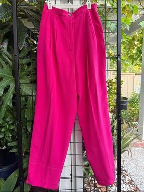 Vintage High-Waist Pleated Silk Trousers Fully Lined - Hot Pink